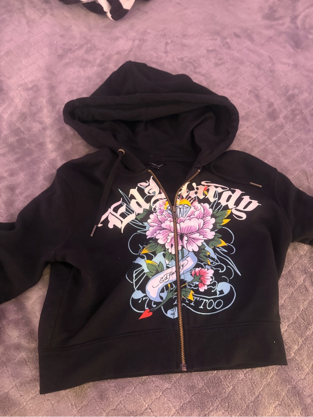 Ed Hardy Black Floral Graphic Zip Hoodie with Pink Flower Art